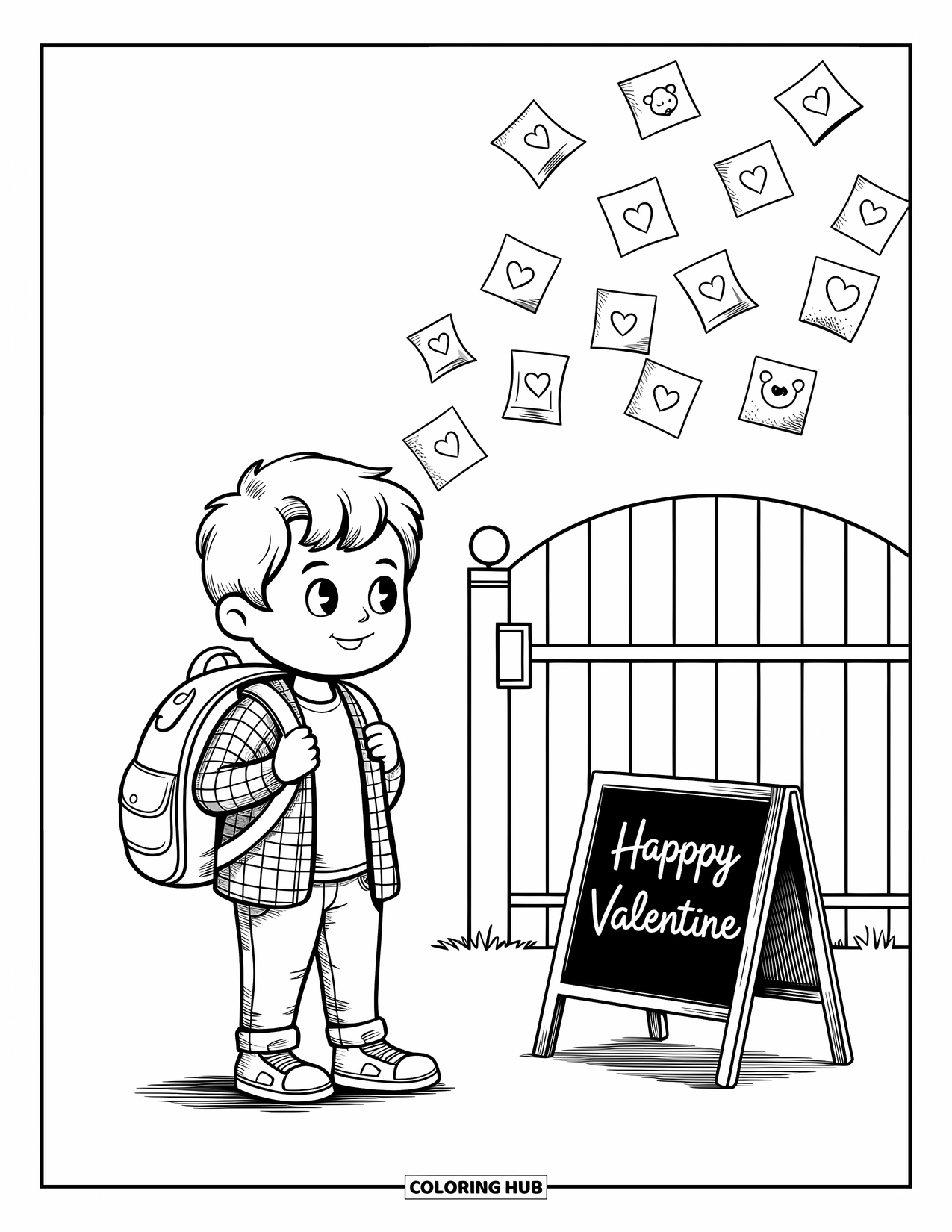 Boy Valentine Coloring Page for Adults: A boy laughs as heart-shaped cards tumble from his open school bag