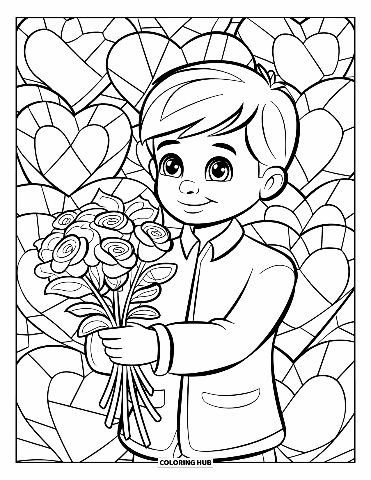 Boy Valentine Coloring Page for Adults: A boy offers a bouquet of roses with a heartfelt Valentine message