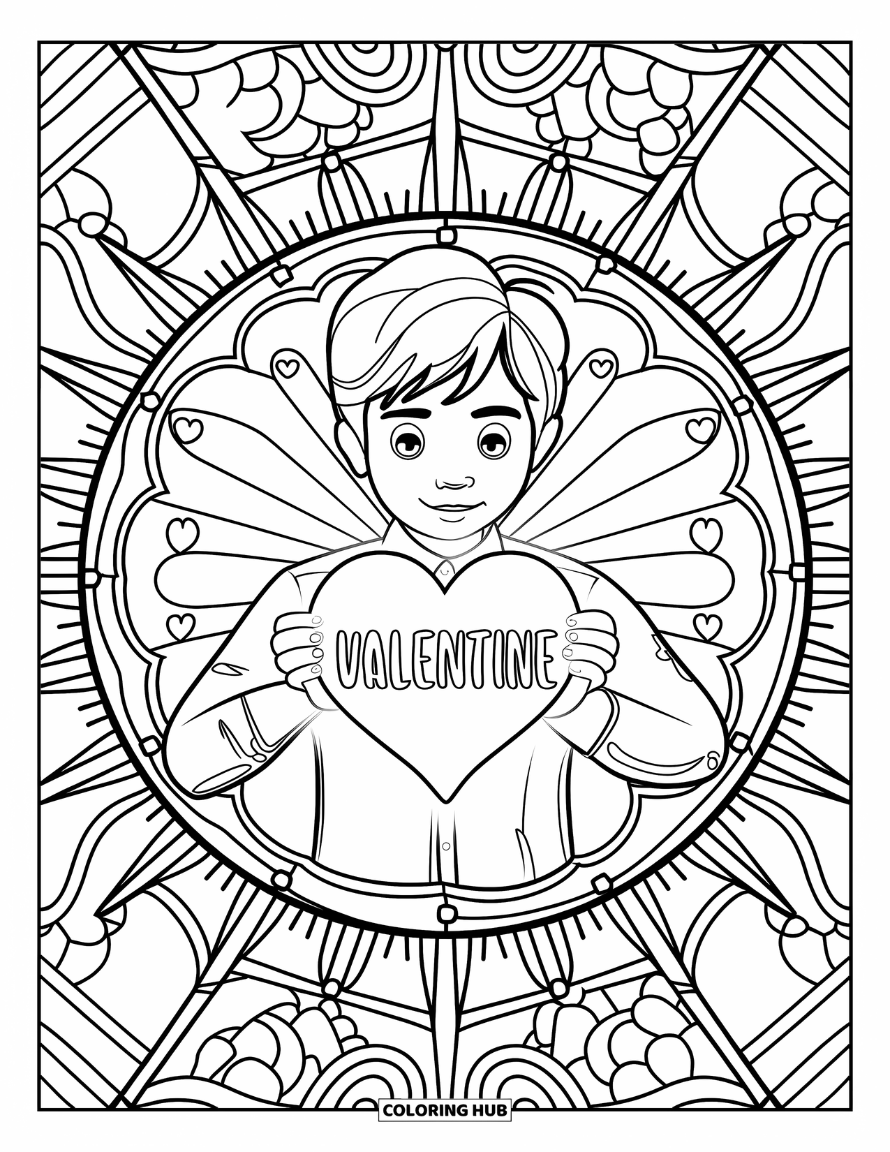 Boy Valentine Coloring Page for Adults: A boy presents a bright Valentine heart surrounded by intricate glass designs