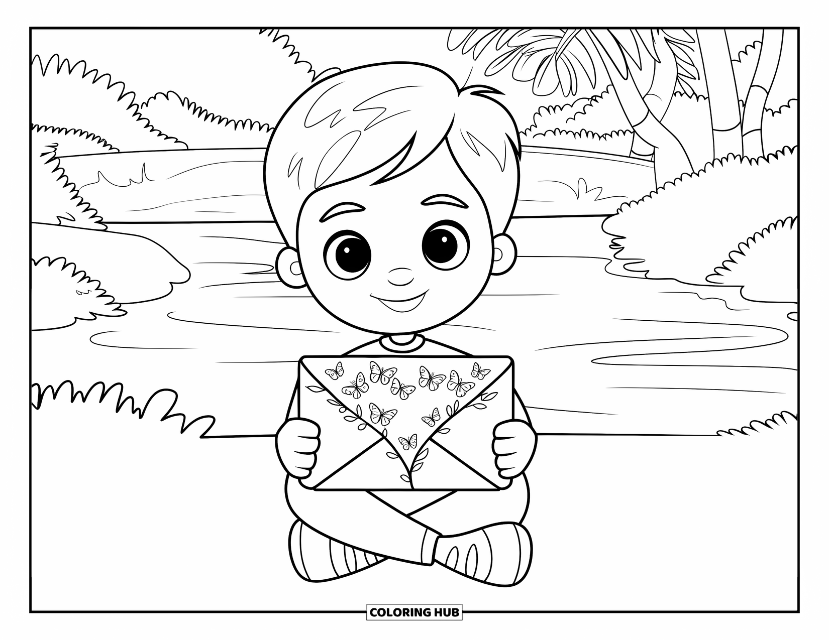 Boy Valentine Coloring Page for Adults: A boy sits by a river holding a Valentine letter surrounded by butterflies
