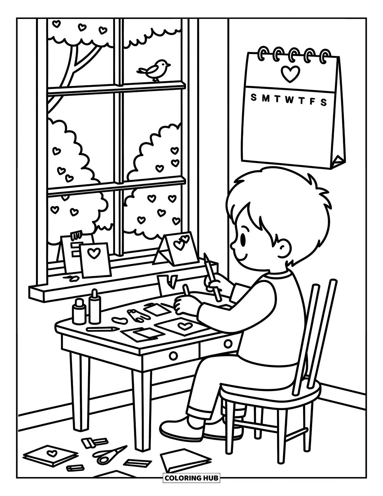 Boy Valentine Coloring Page for Adults: A boy sits by a window making Valentine cards with papers and stickers