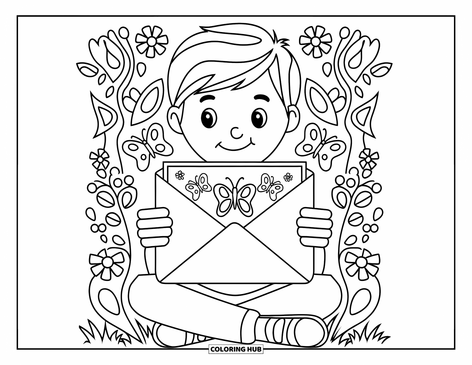 Boy Valentine Coloring Page for Adults: A boy sits cross-legged with a decorated Valentine envelope surrounded by flowers