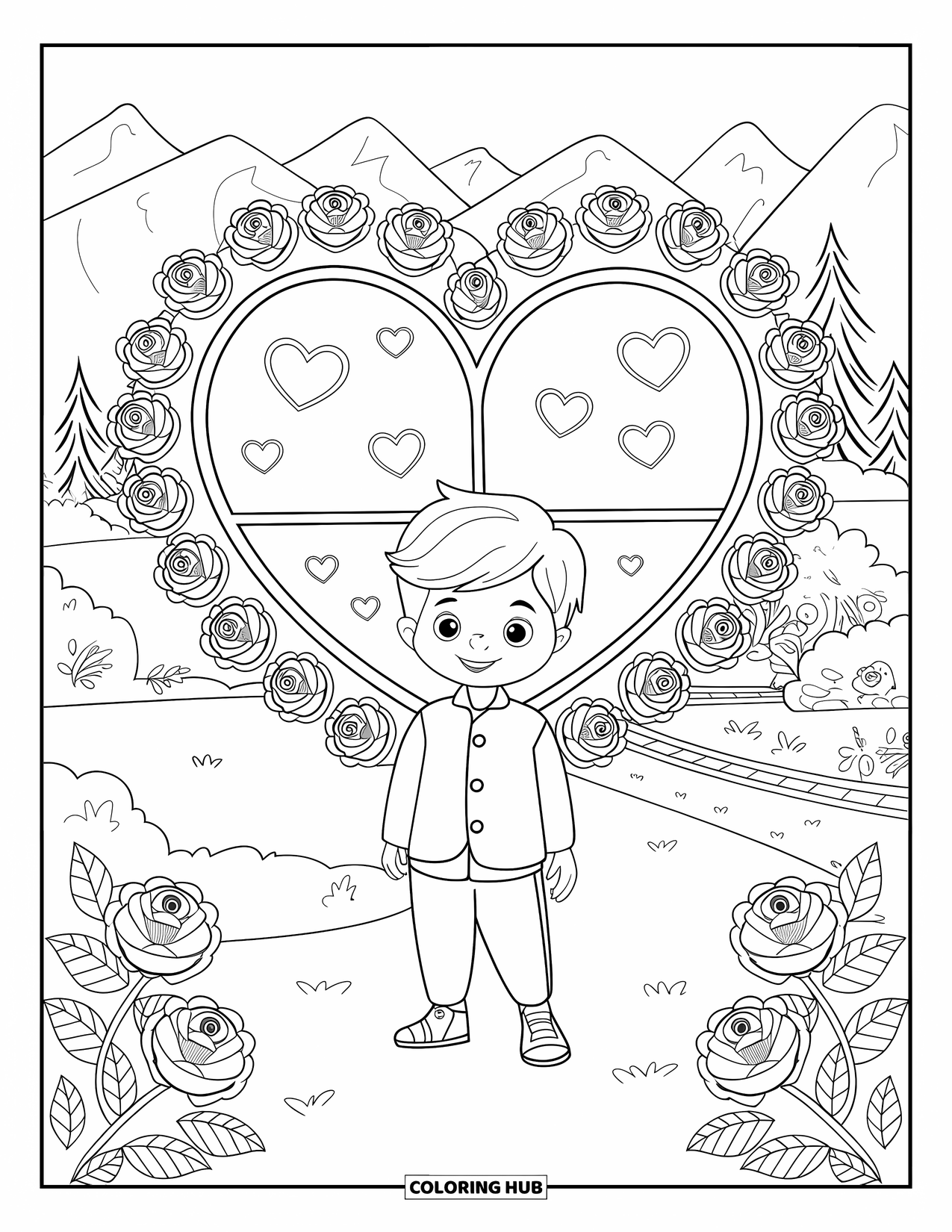 Boy Valentine Coloring Page for Adults: A boy stands before a heart-shaped window surrounded by blooming roses