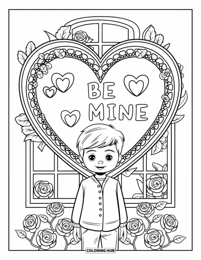 Omalovánka valentýnského chlapce pro dospělé: Chlapec stojí u krajkového okna ve tvaru srdce s nápisem "Be Mine"