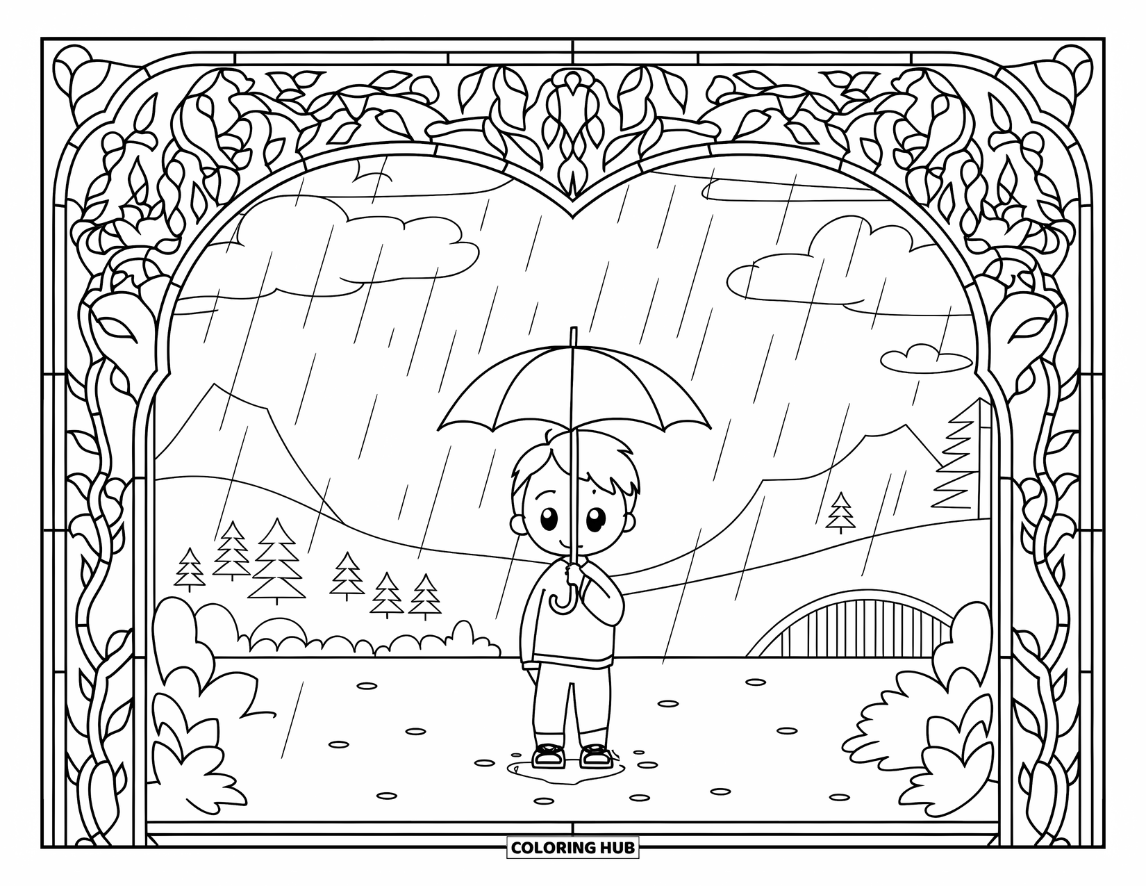 Boy Valentine Coloring Page for Adults: A boy stands under a heart-shaped umbrella as rain falls around a scenic view