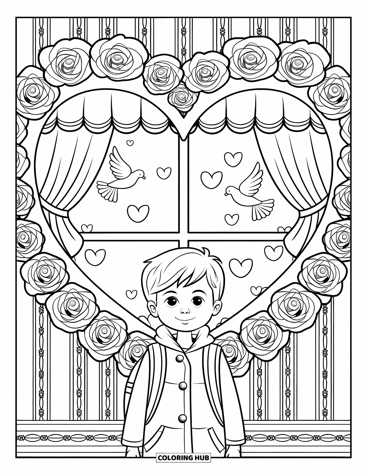 Boy Valentine Coloring Page for Adults: A boy with a backpack gazes at a rose-covered heart window