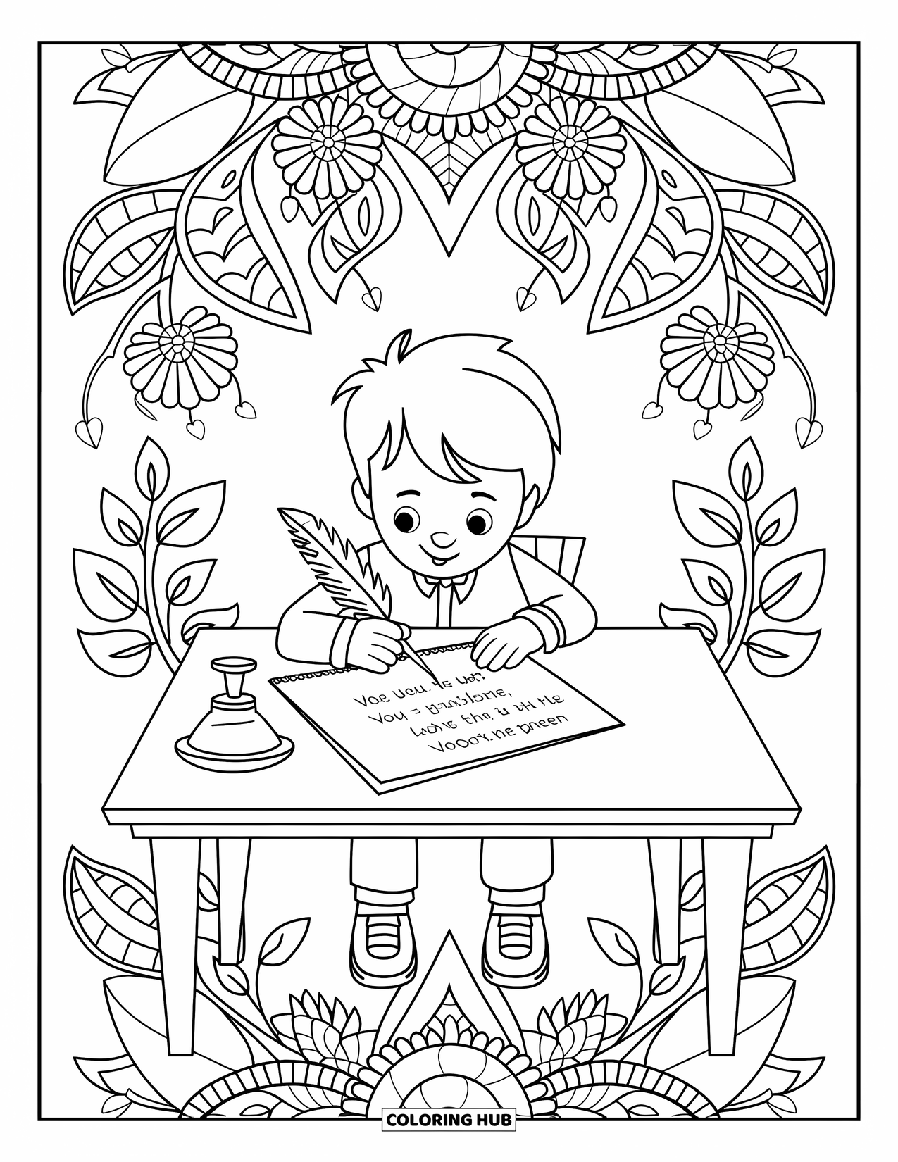 Boy Valentine Coloring Page for Adults: A boy writes a Valentine poem surrounded by leafy mandala designs