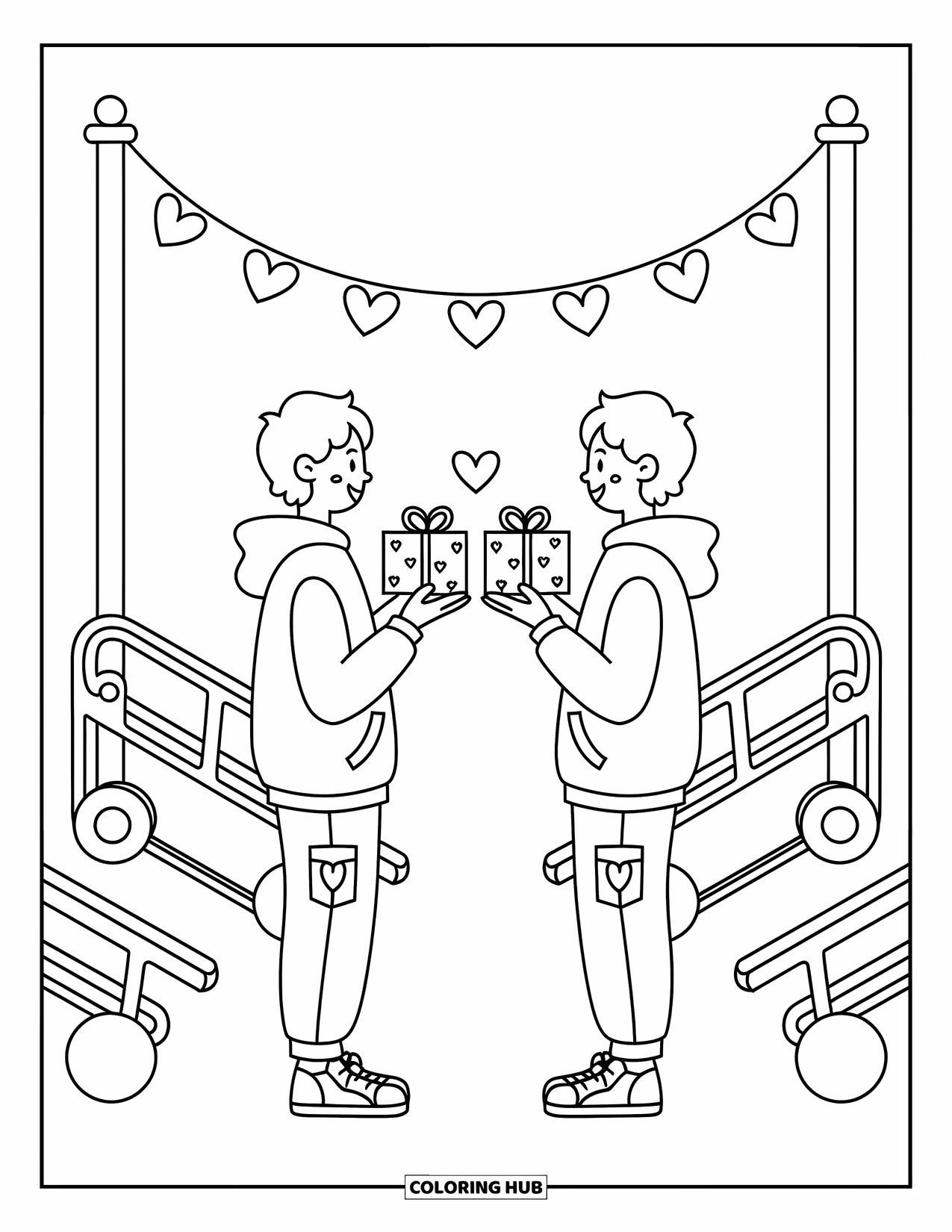 Boy Valentine Coloring Page for Adults: A couple smiles as they exchange tiny Valentine gifts in a playful park
