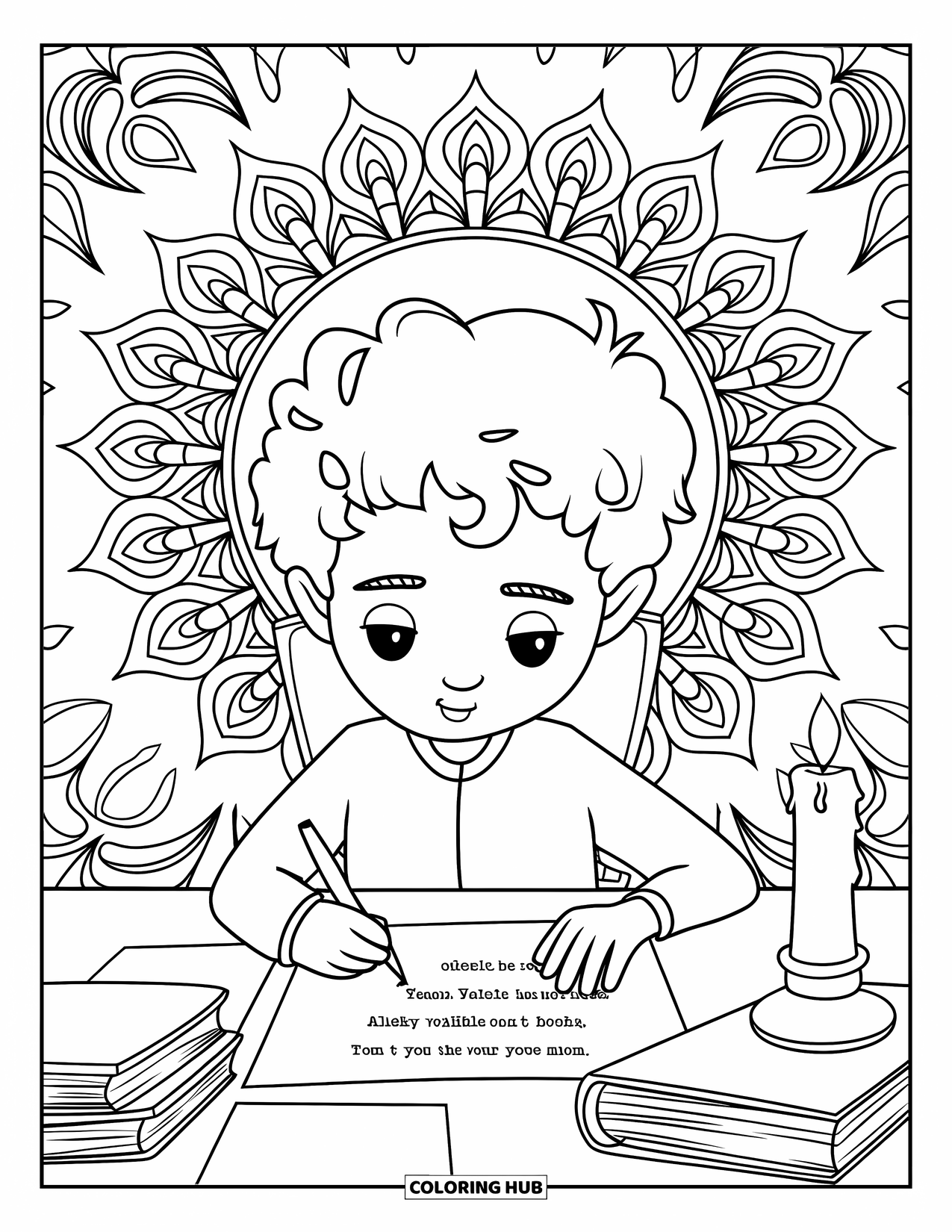 Boy Valentine Coloring Page for Adults: A curly-haired boy writes a Valentine poem beside books and candles