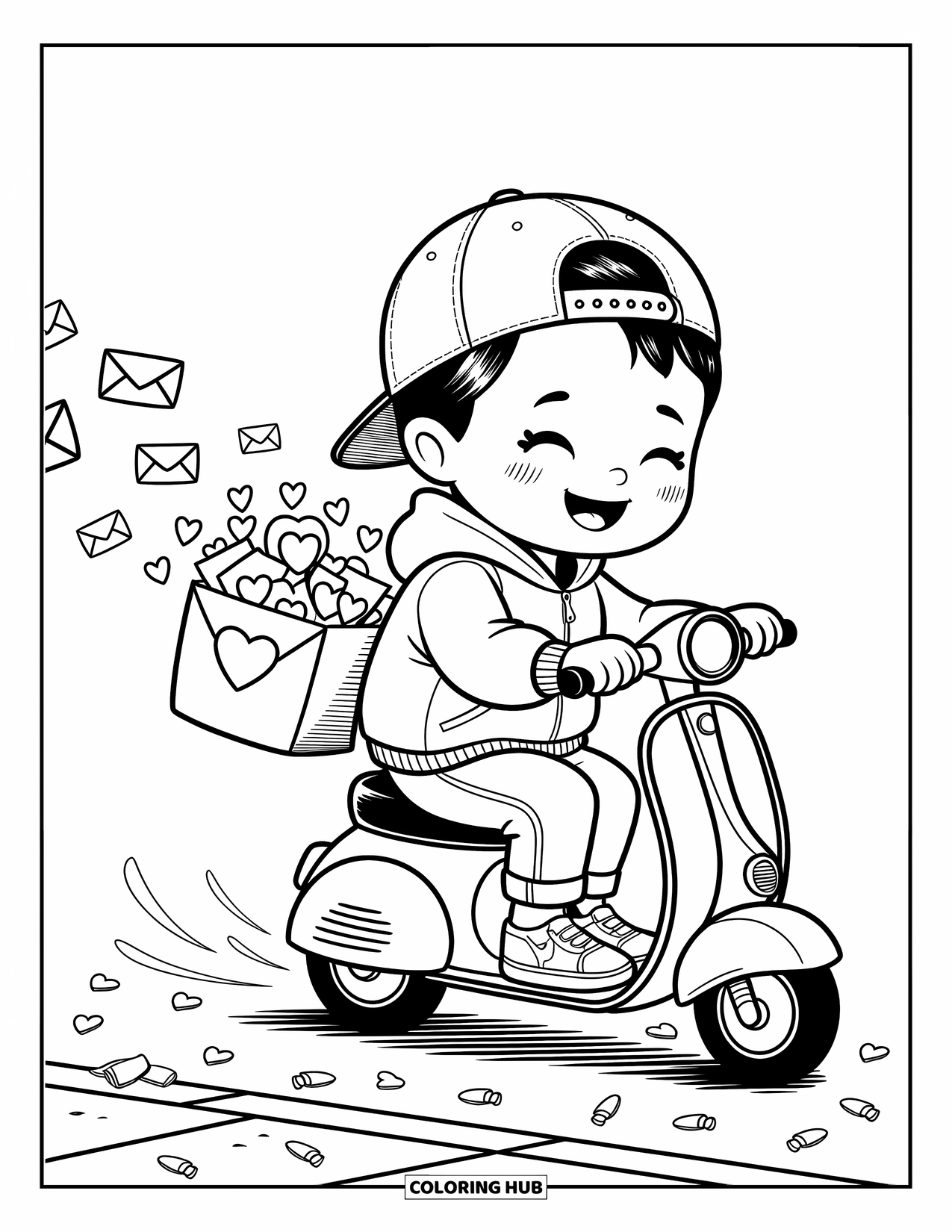 Boy Valentine Coloring Page for Adults: A joyful boy rides a scooter with hearts and envelopes flying behind him