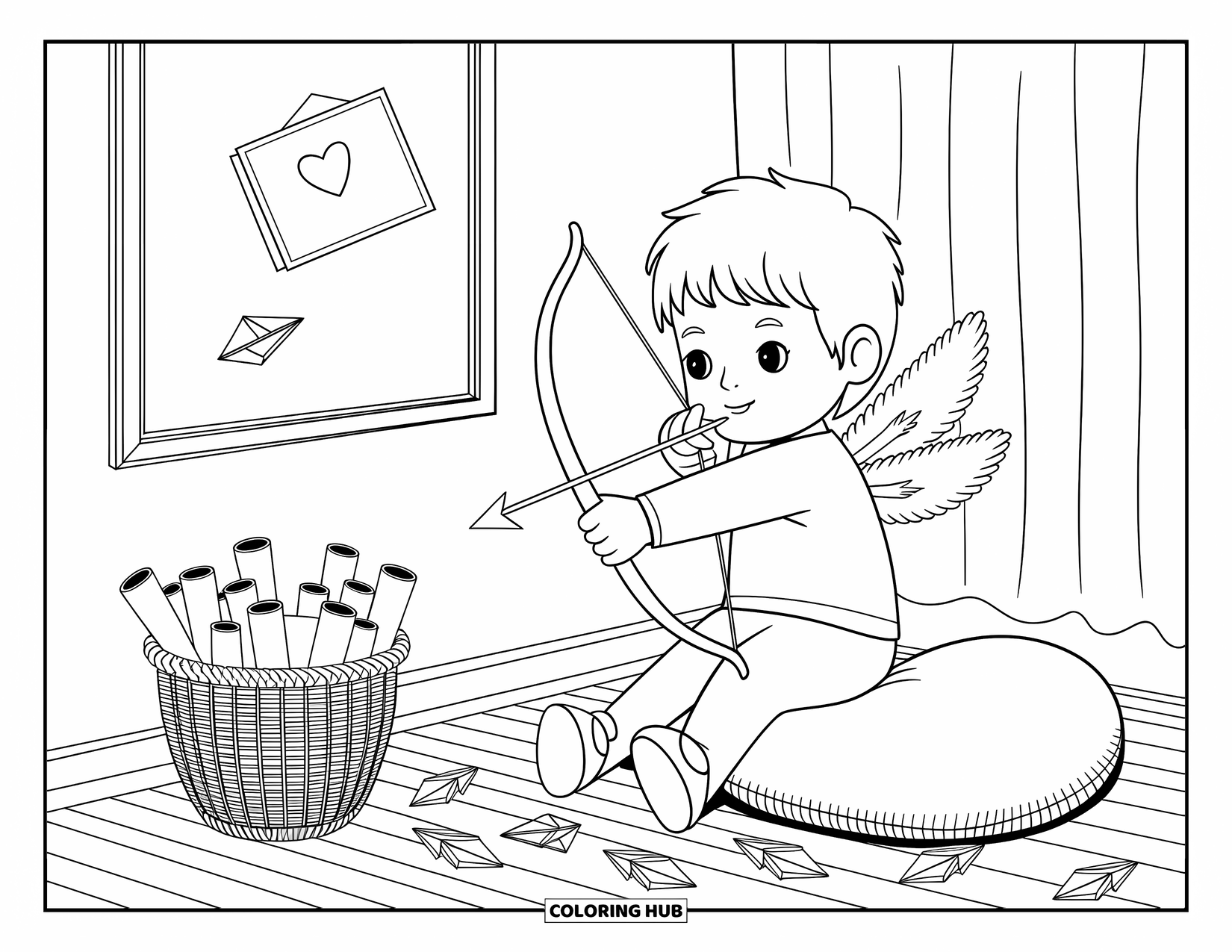 Boy Valentine Coloring Page for Adults: A playful boy with wings aims a heart arrow at a card on the wall