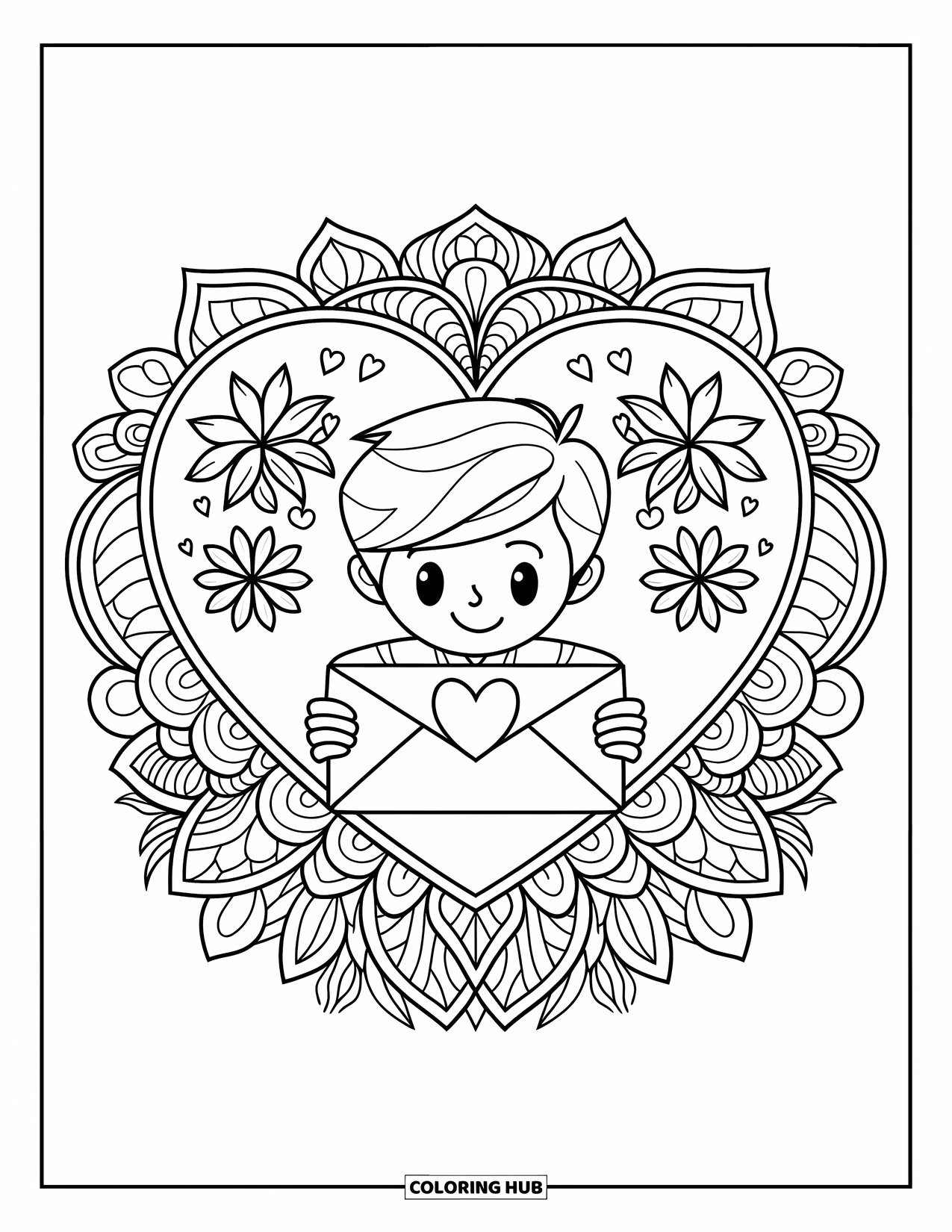 Boy Valentine Coloring Page for Adults: A romantic boy stands with a Valentine letter framed in floral patterns