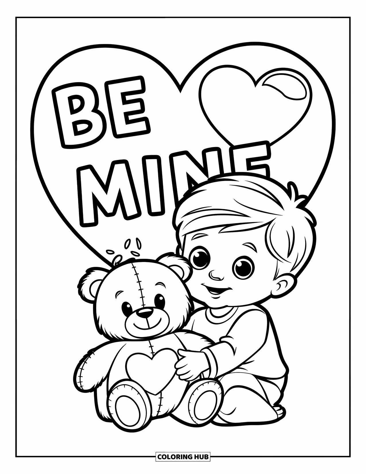 Boy Valentine Coloring Page for Kids: A boy gives a teddy bear with a heart tag saying "Be Mine"