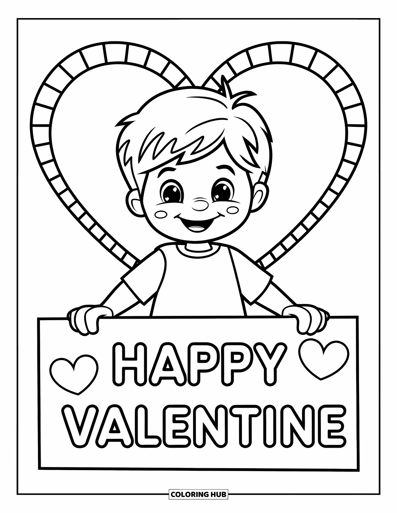 Boy Valentine Coloring Page for Kids: A boy holds a "Happy Valentine" sign with hearts all around him