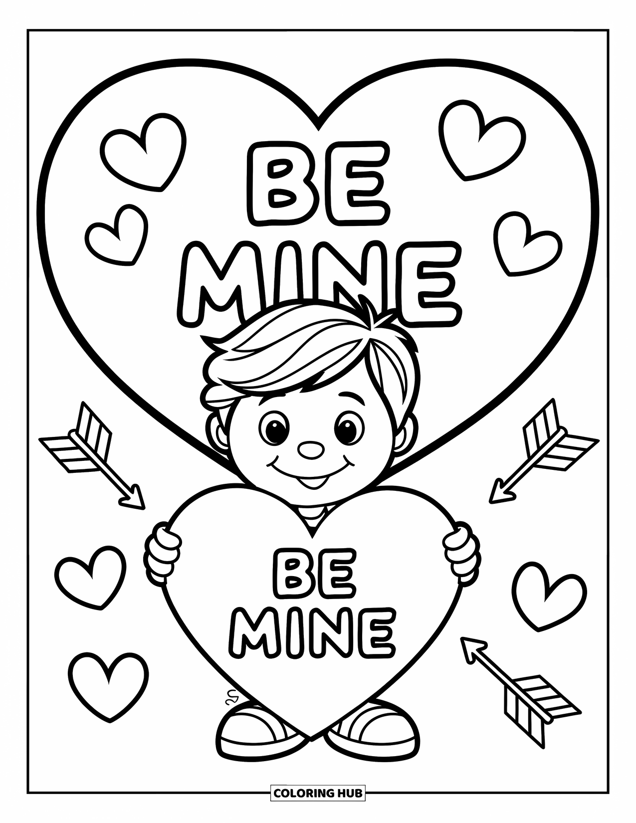 Boy Valentine Coloring Page for Kids: A boy holds a large Valentine card surrounded by hearts and arrows
