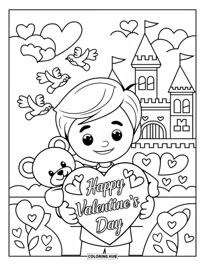 Omalovánka valentýnského chlapce pro děti: Chlapec drží plyšového medvídka a nápis "Happy Valentine's Day"