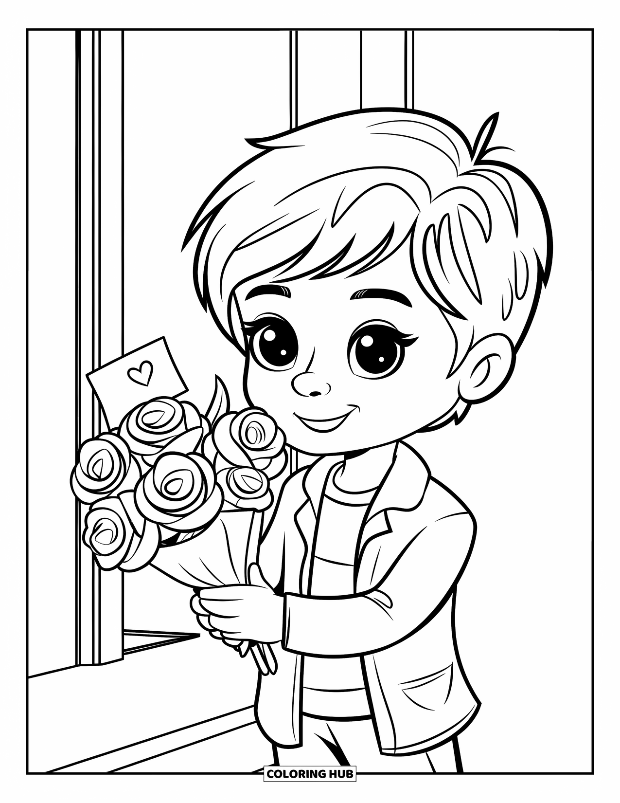 Boy Valentine Coloring Page for Kids: A boy holds roses and a card, ready to surprise someone special