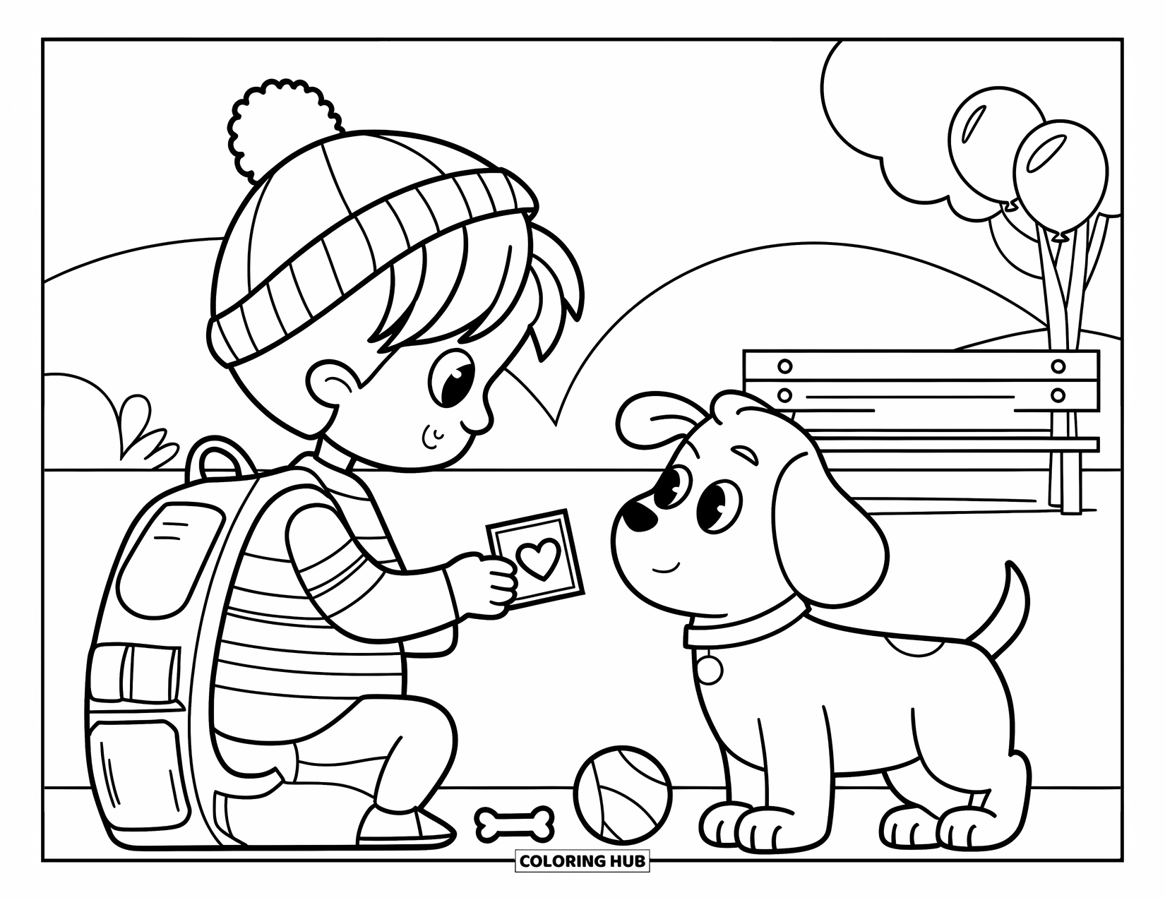Boy Valentine Coloring Page for Kids: A boy kneels to share a Valentine card with a sweet, curious puppy