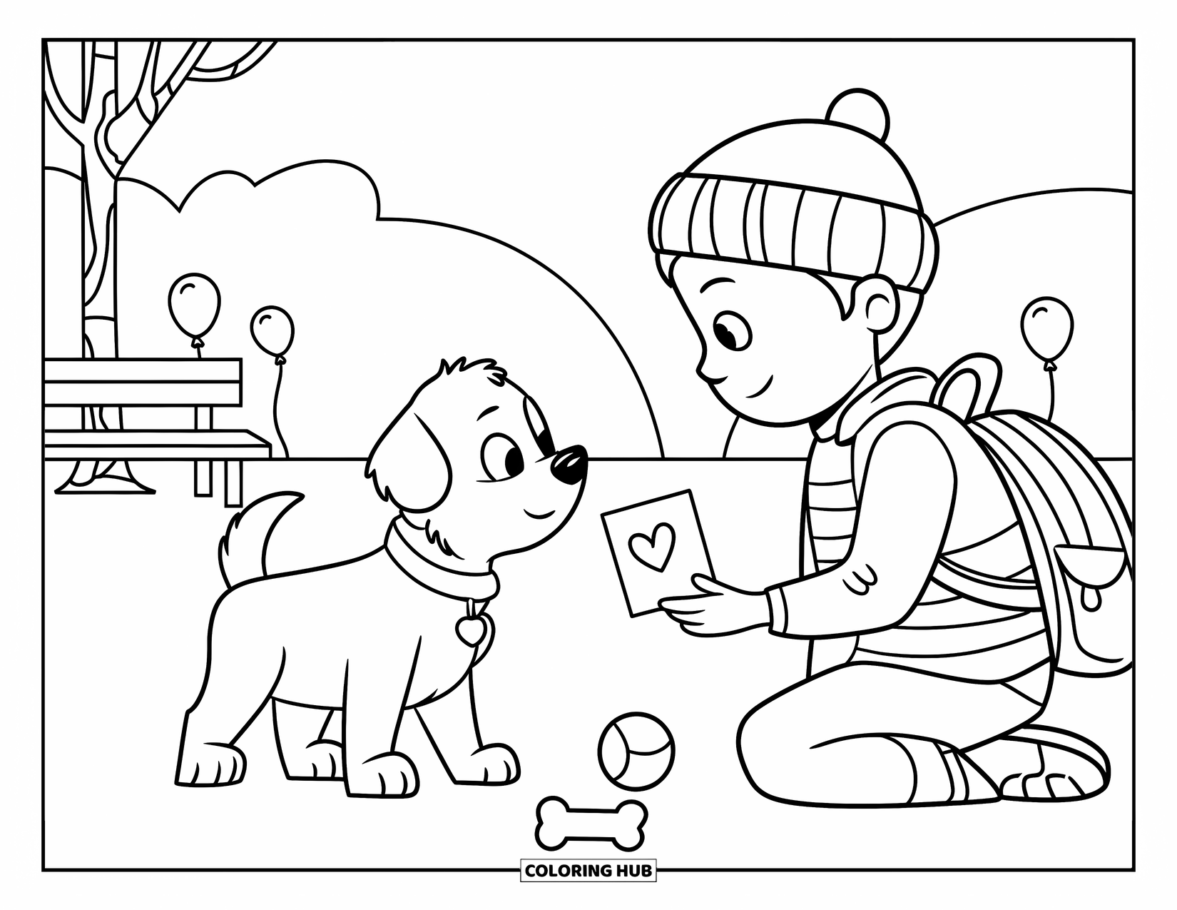 Boy Valentine Coloring Page for Kids: A boy offers a heart card to a curious puppy in a peaceful park