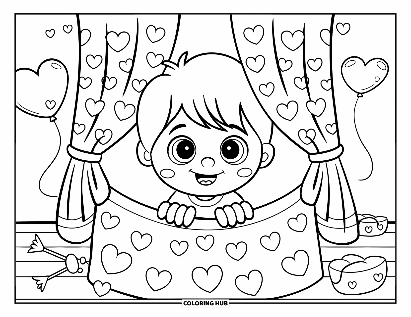 Boy Valentine Coloring Page for Kids: A boy peeks shyly from behind a curtain covered in Valentine hearts