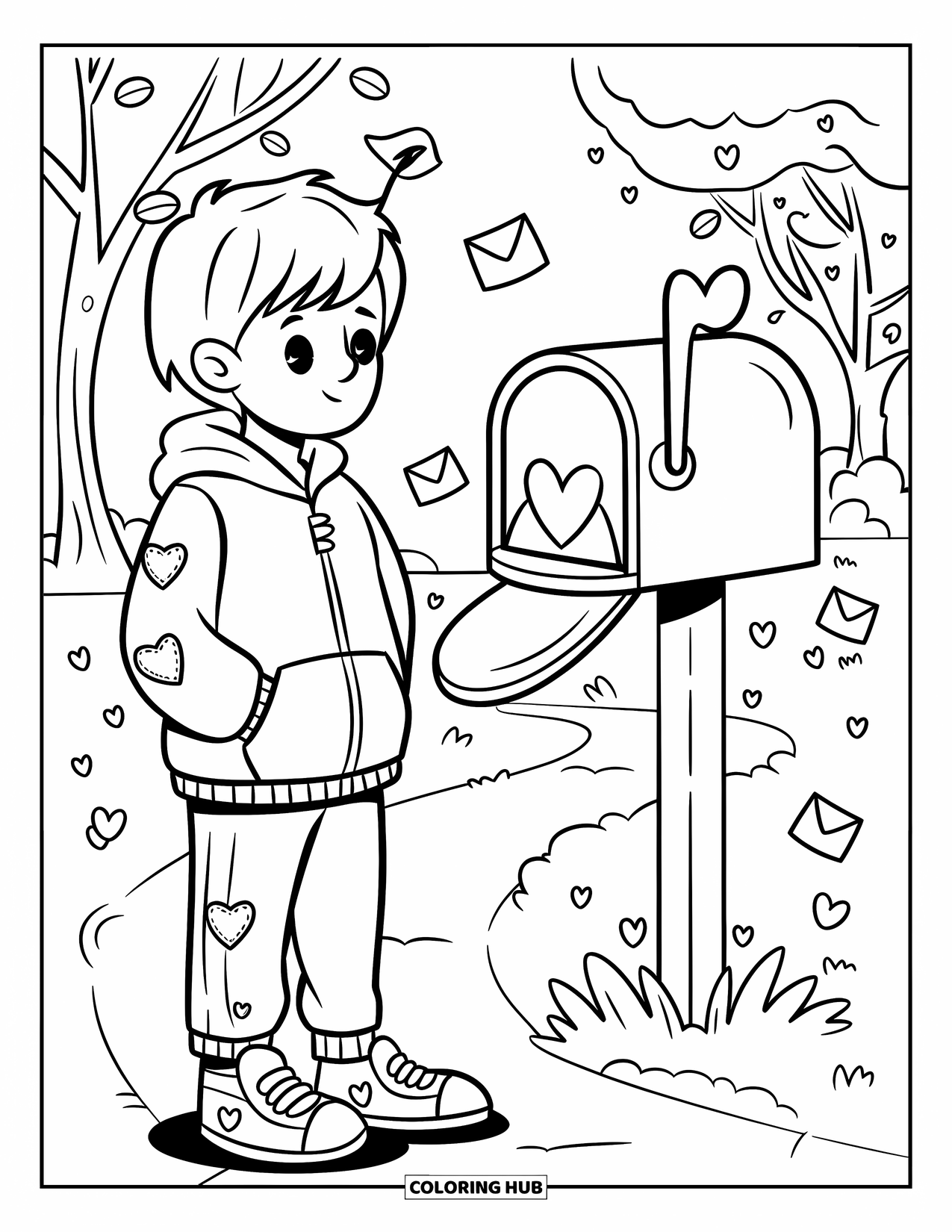 Boy Valentine Coloring Page for Kids: A boy smiles by a mailbox as heart envelopes drift around him