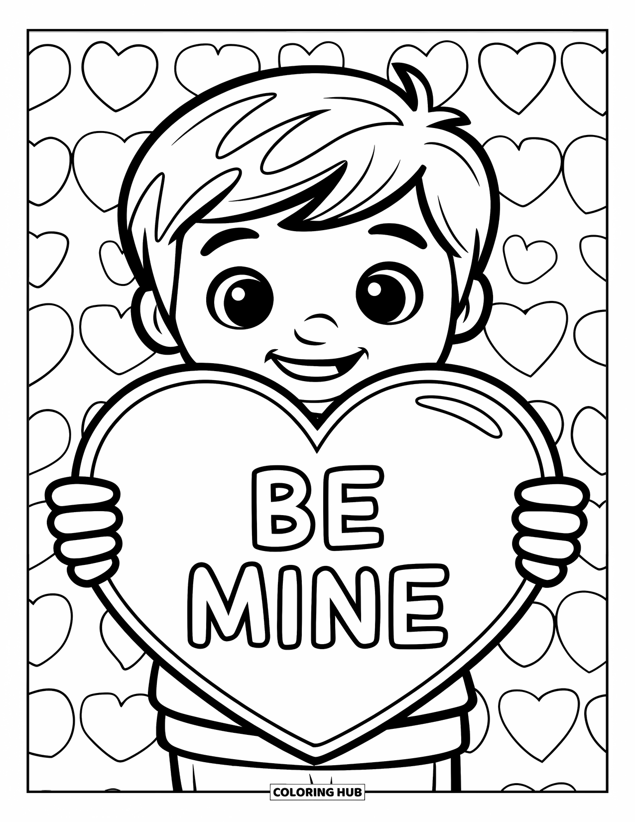 Boy Valentine Coloring Page for Kids: A boy smiles holding a big heart card that says "Be Mine"