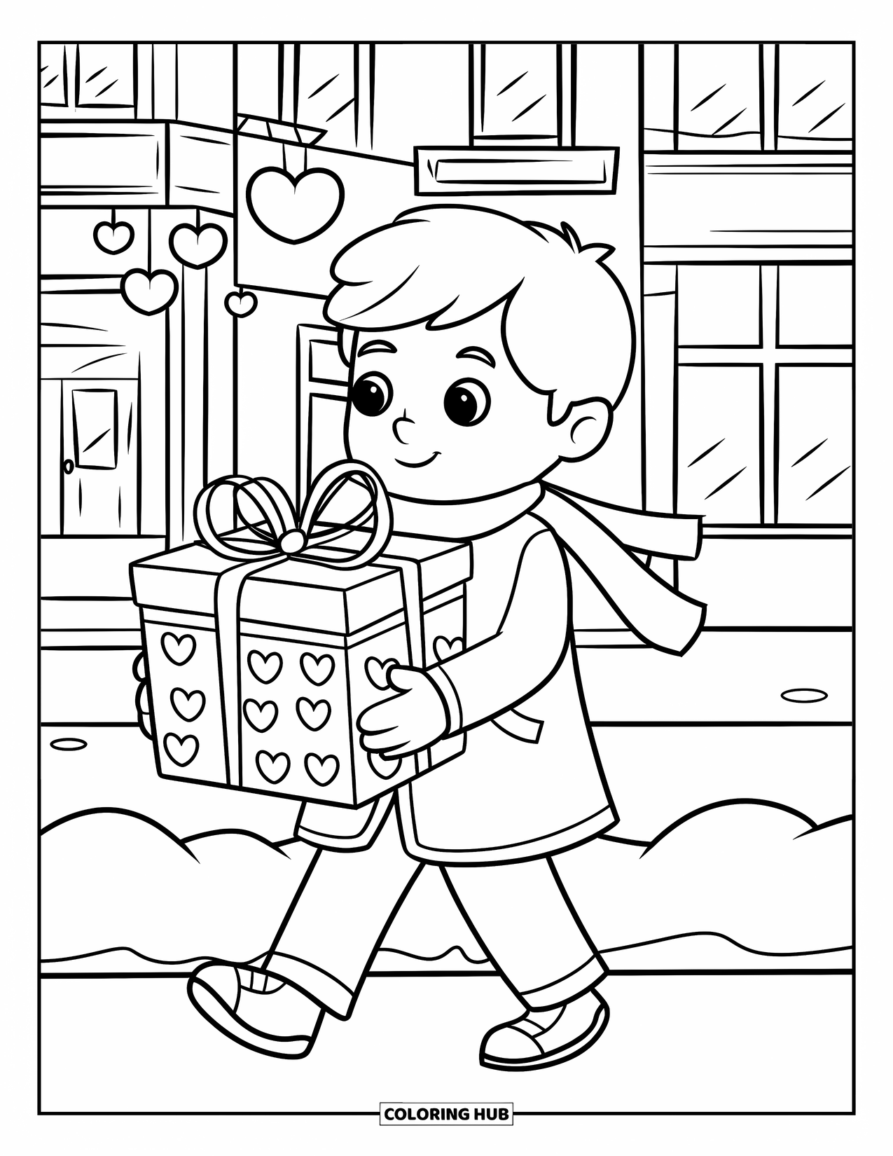 Boy Valentine Coloring Page for Kids: A boy strolls with a Valentine gift box through a snowy heart-decorated city