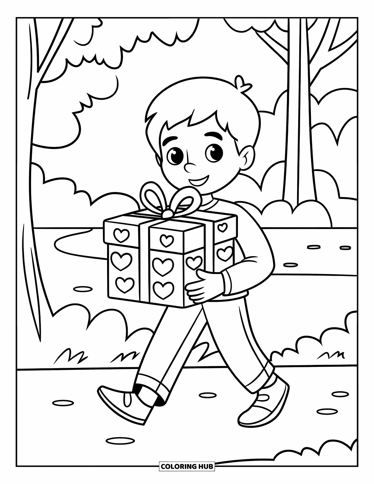 Boy Valentine Coloring Page for Kids: A boy walks through a park holding a Valentine gift box wrapped in hearts