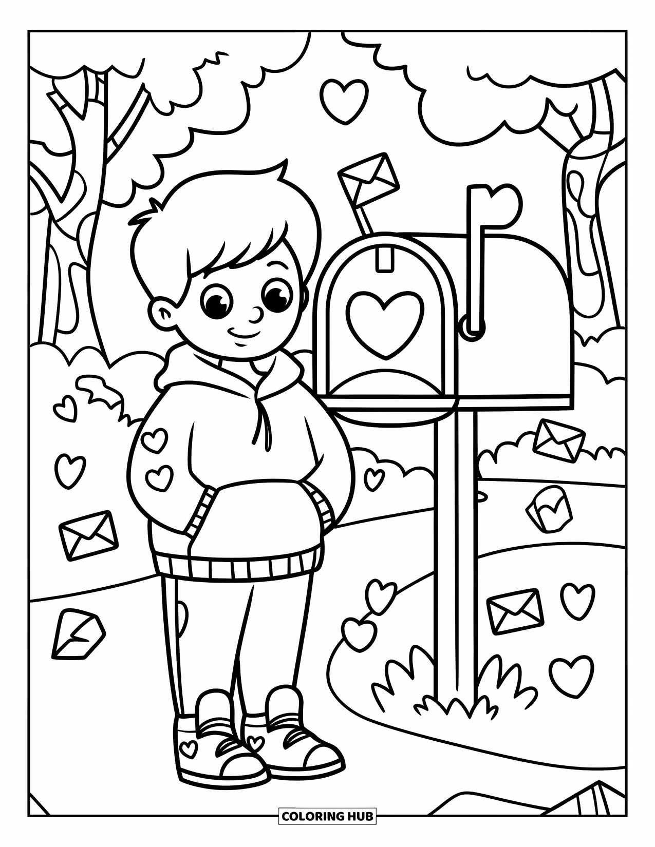 Boy Valentine Coloring Page for Kids: A boy with a hoodie and sneakers stands by a mailbox with heart-shaped letters