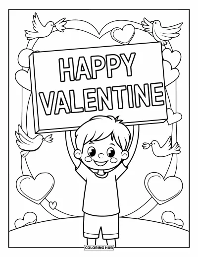 Omalovánka valentýnského chlapce pro děti: Veselý chlapec drží ceduli "Happy Valentine" pod poletujícími srdíčky