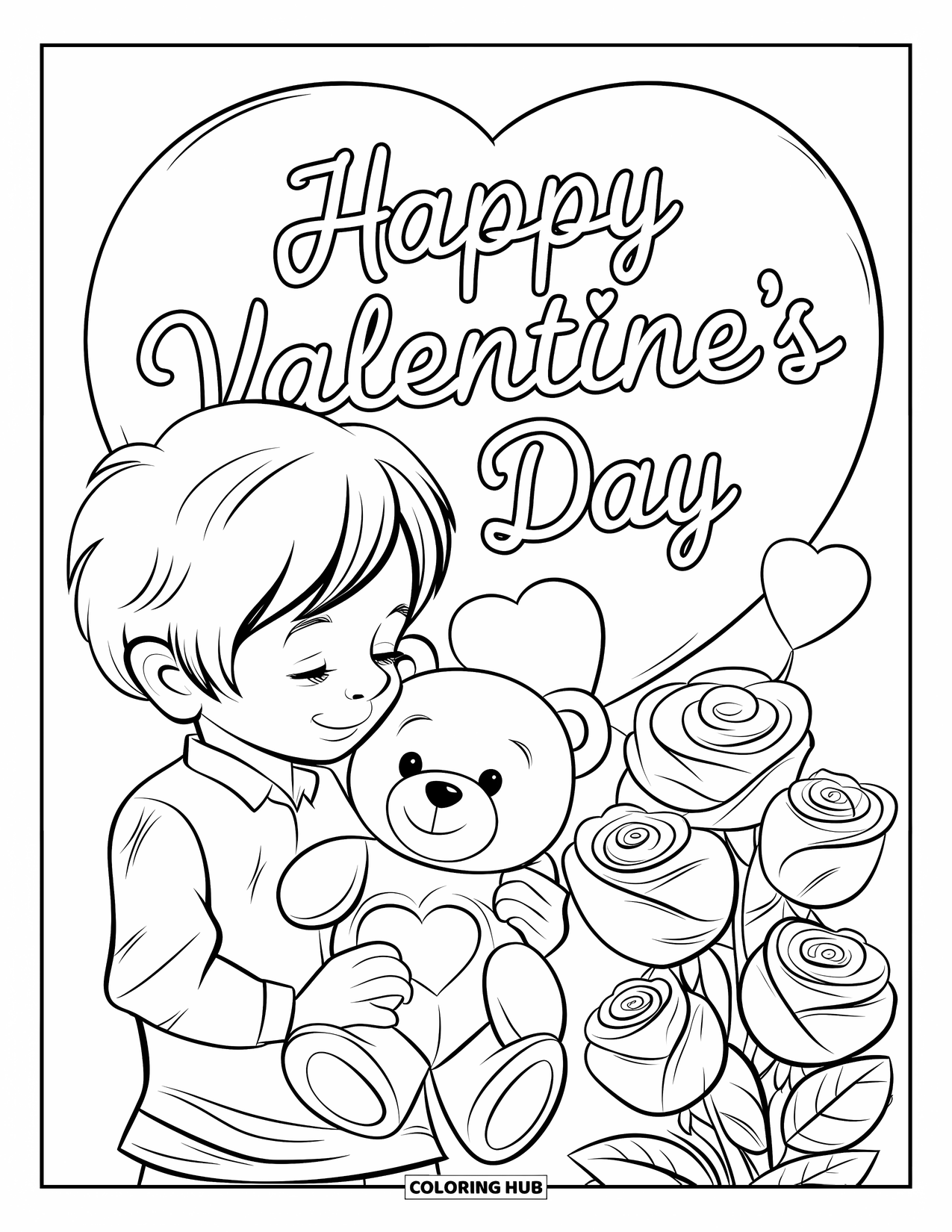 Boy Valentine Coloring Page for Kids: A cheerful boy holds a teddy bear near roses and a heart balloon