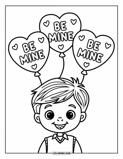 Omalovánka valentýnského chlapce pro děti: Veselý chlapec drží tři balónky s nápisem "Be Mine"