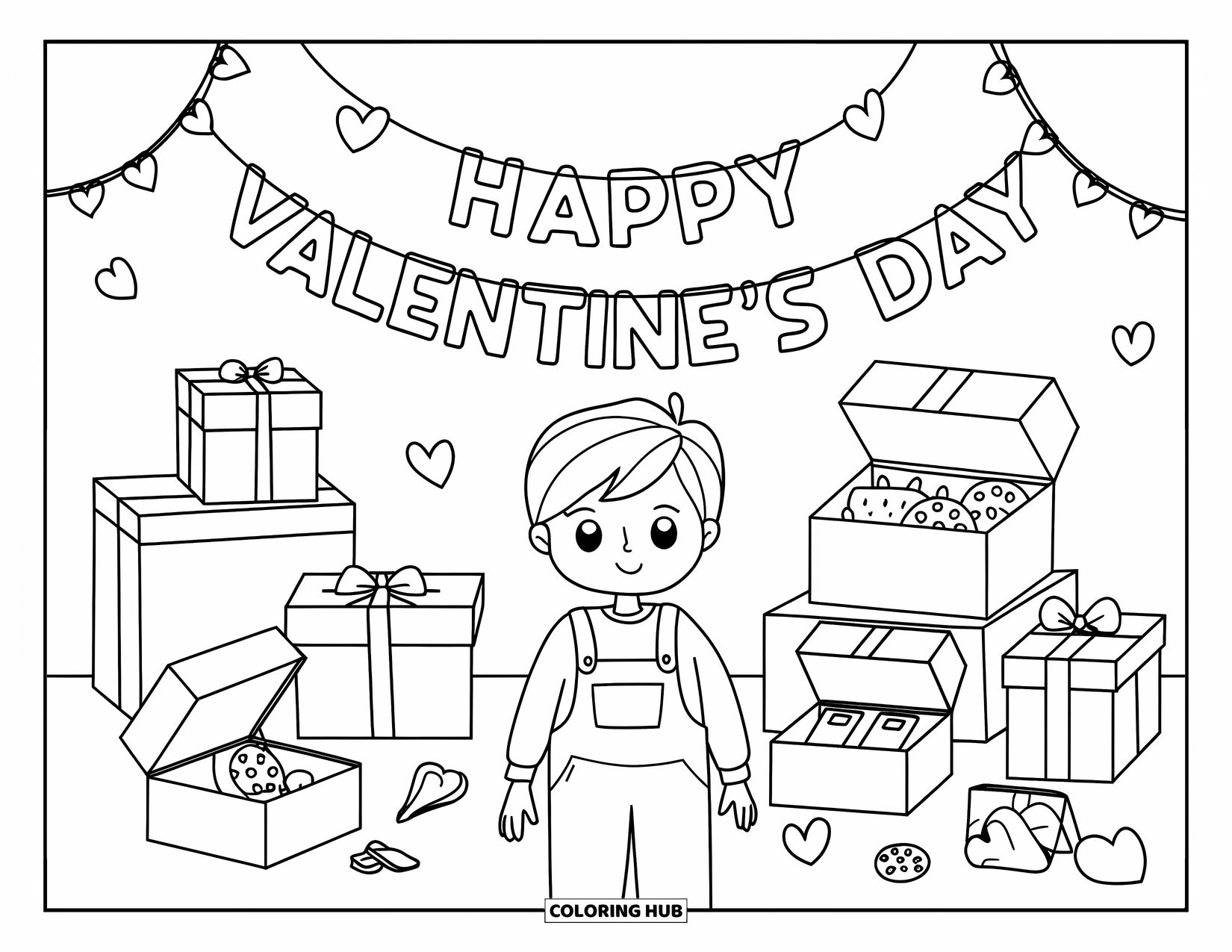 Boy Valentine Coloring Page for Kids: A cheerful boy stands near Valentine boxes and a heart garland with a sweet banner