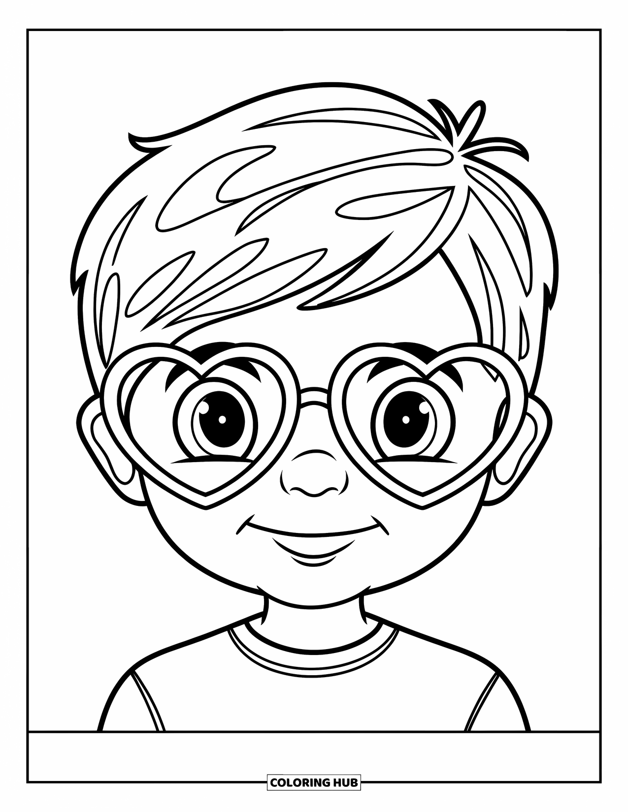 Boy Valentine Coloring Page for Kids: A happy boy in heart glasses beams with Valentine cheer