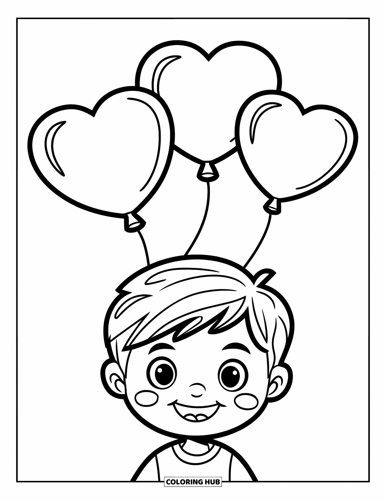 Boy Valentine Coloring Page for Kids: A happy boy stands with Valentine balloons floating gently above him