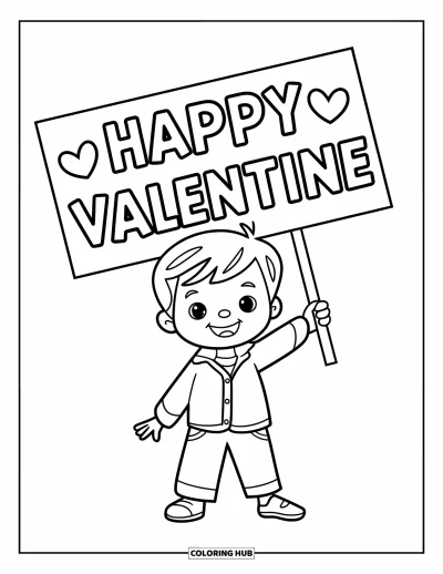 Omalovánka valentýnského chlapce pro děti: Usmívající se chlapec hrdě stojí s cedulí "Happy Valentine"