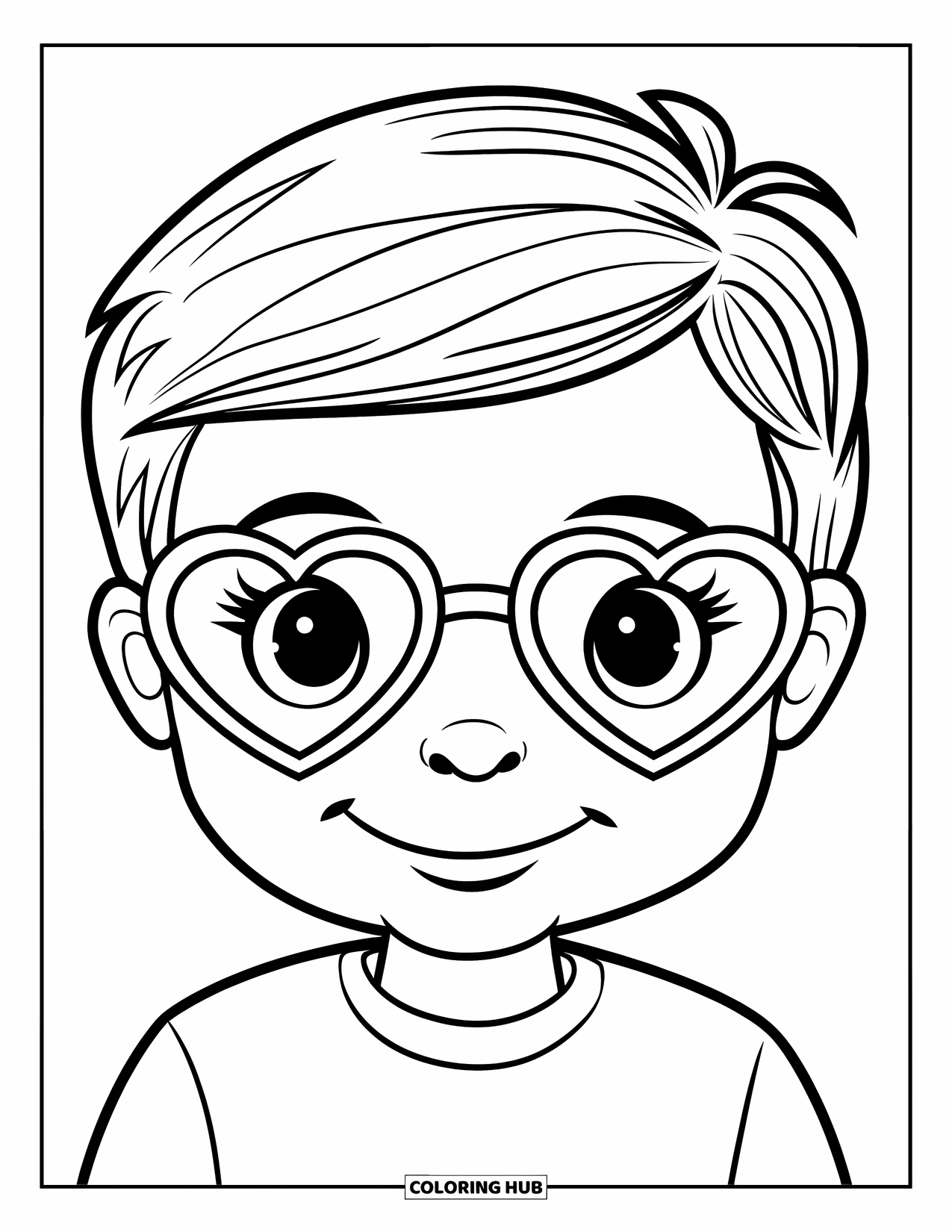 Boy Valentine Coloring Page for Kids: A smiling boy wears cute Valentine heart glasses on a white background