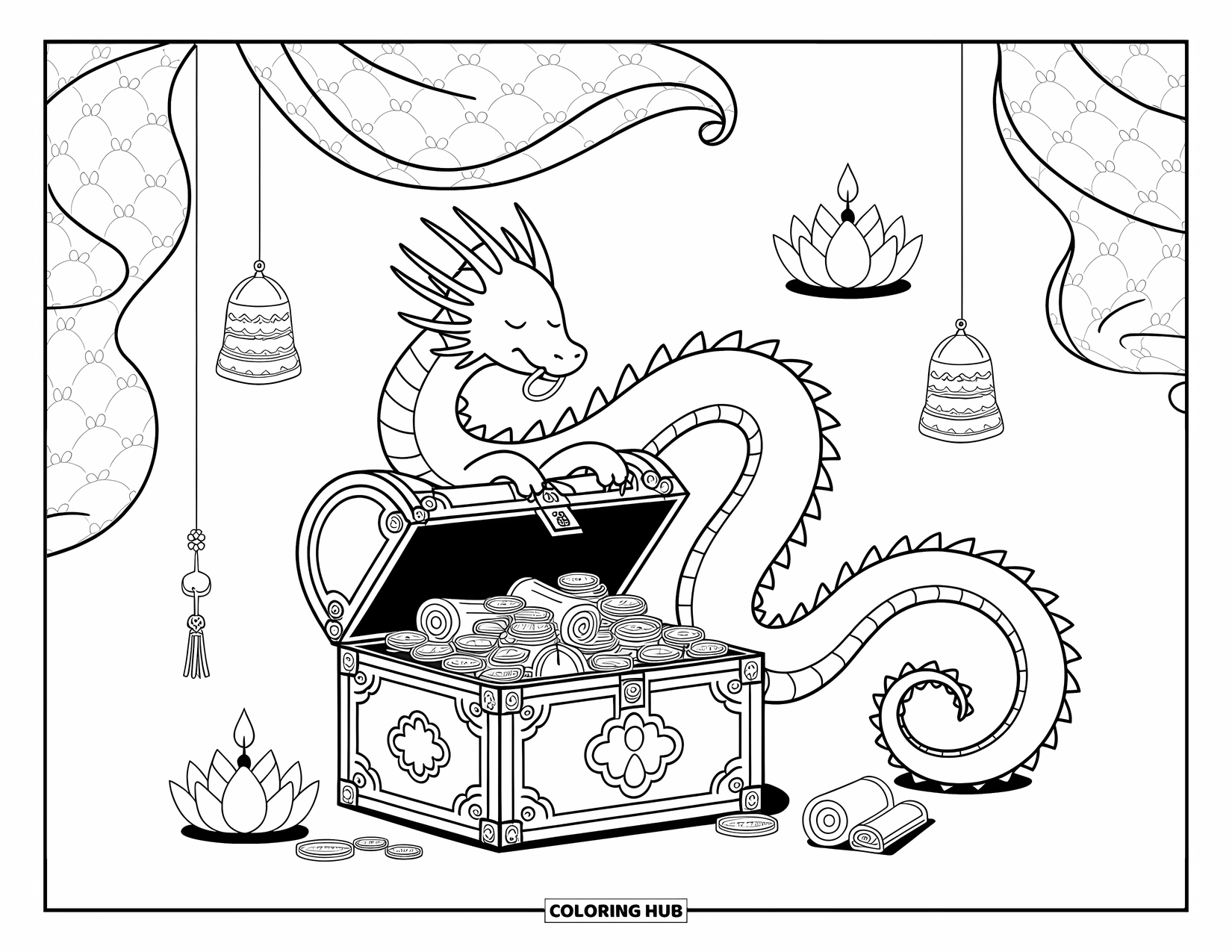 Chinese Dragon Coloring Page for Adults: A calm Chinese dragon coils around a treasure chest glowing with ancient charms