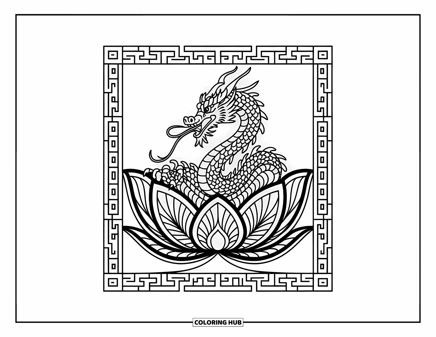 Chinese Dragon Coloring Page for Adults: A coiled dragon emerges from a patterned lotus surrounded by circular designs