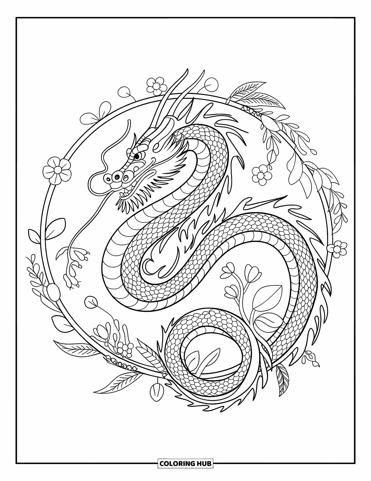 Chinese Dragon Coloring Page for Adults: A dragon curls within a circular mandala of flowers and vines