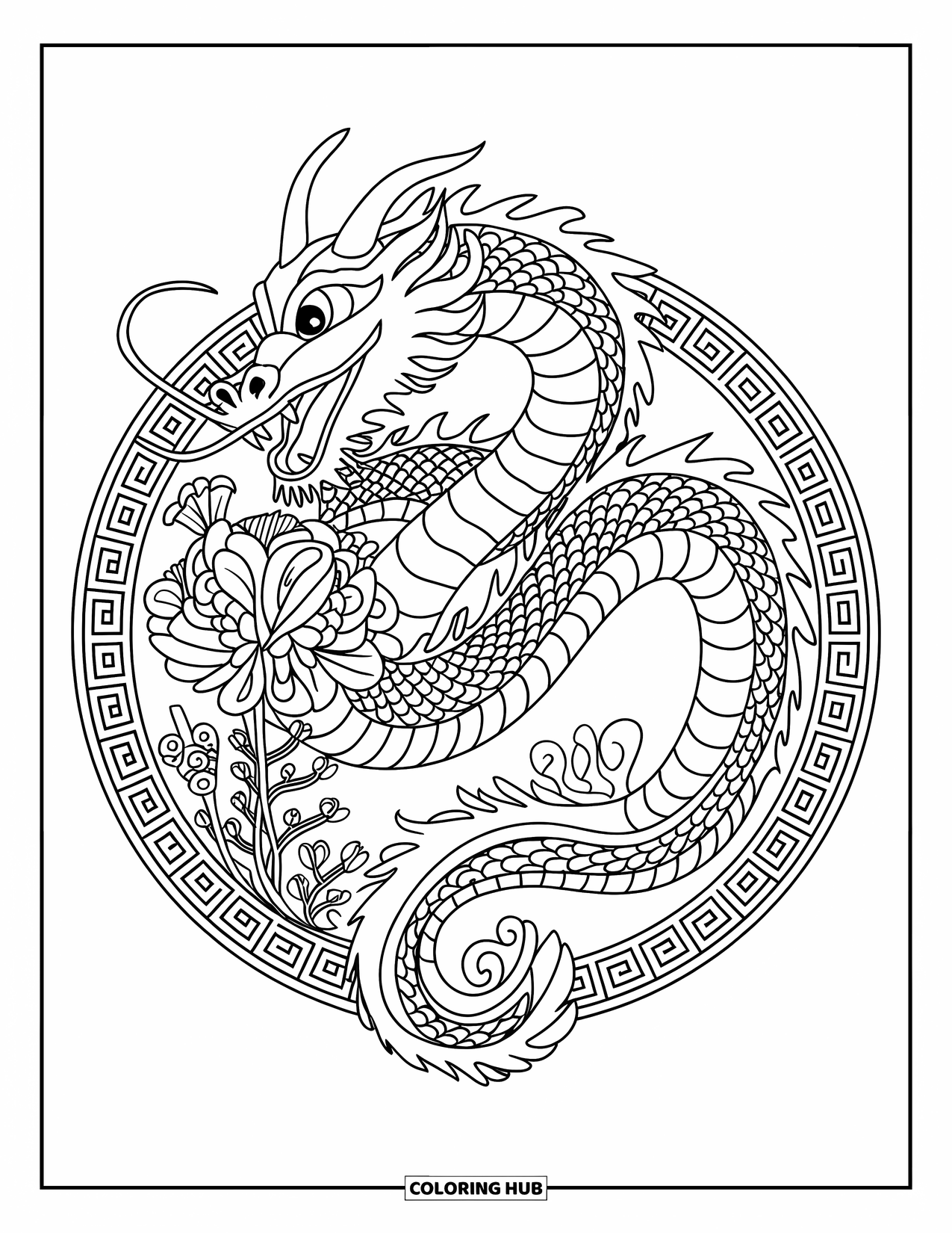 Chinese Dragon Coloring Page for Adults: A dragon encircles a floral mandala adorned with leaves and detailed petals