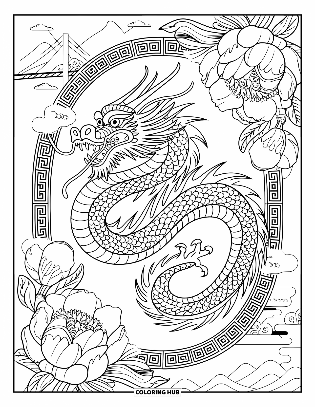 Chinese Dragon Coloring Page for Adults: A dragon surrounded by peonies rests beneath ornate swirling borders
