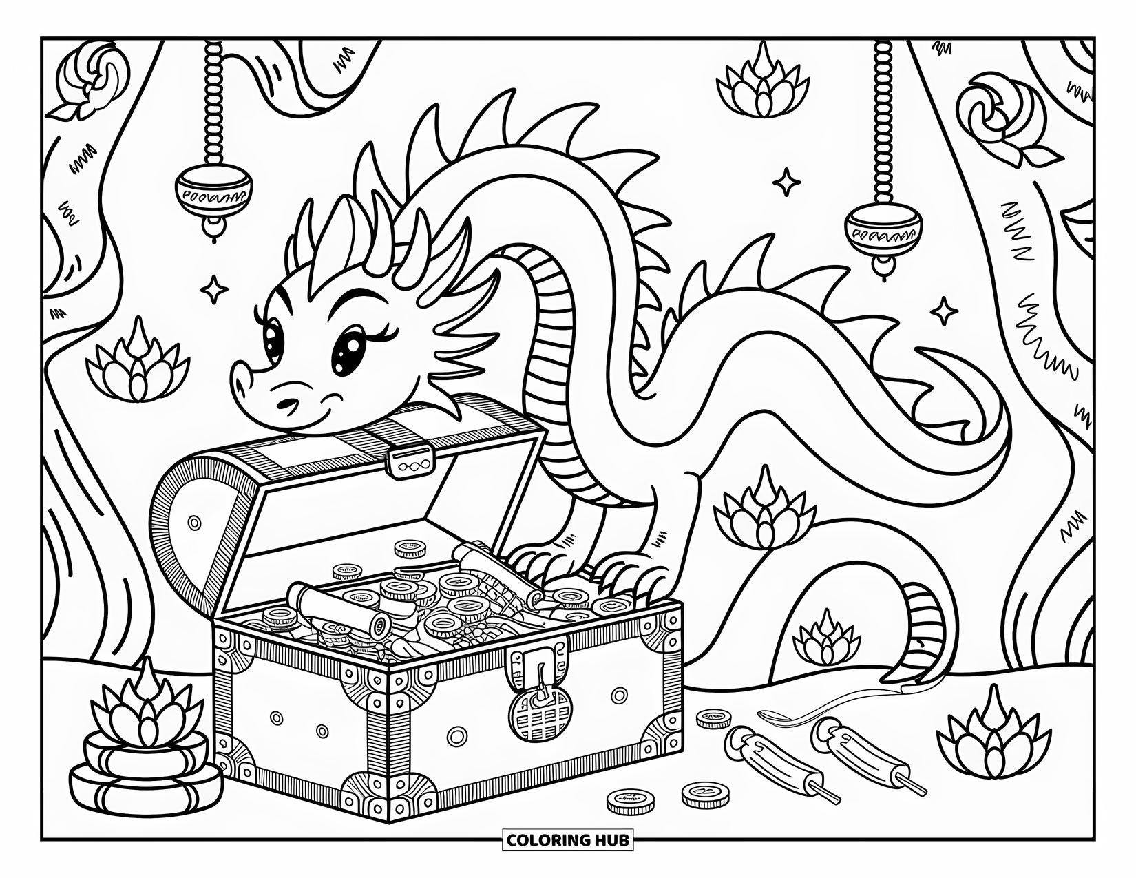 Chinese Dragon Coloring Page for Adults: A gentle Chinese dragon curls around a treasure chest filled with coins and charms