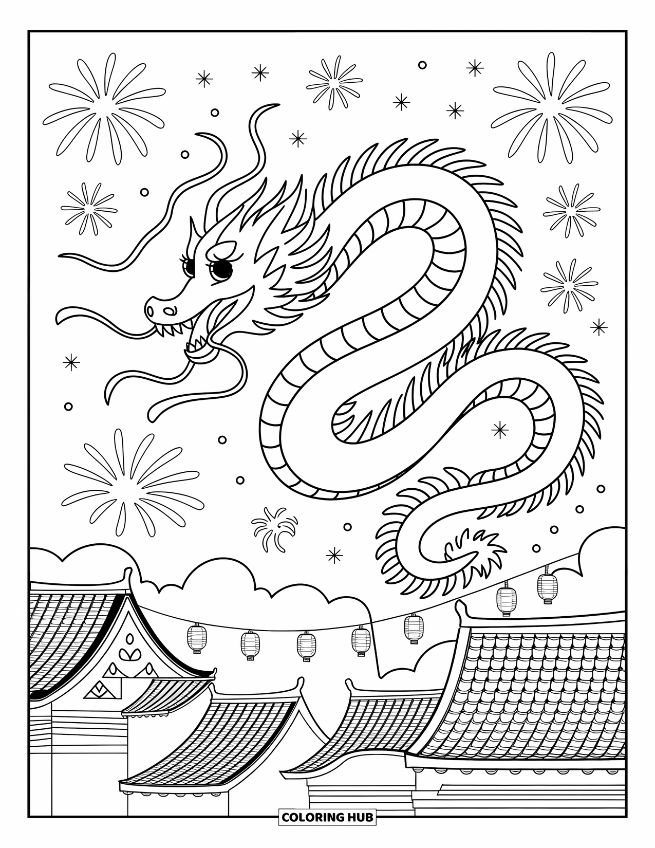 Chinese Dragon Coloring Page for Adults: A joyful Chinese dragon flies among fireworks bursting into stars and spirals