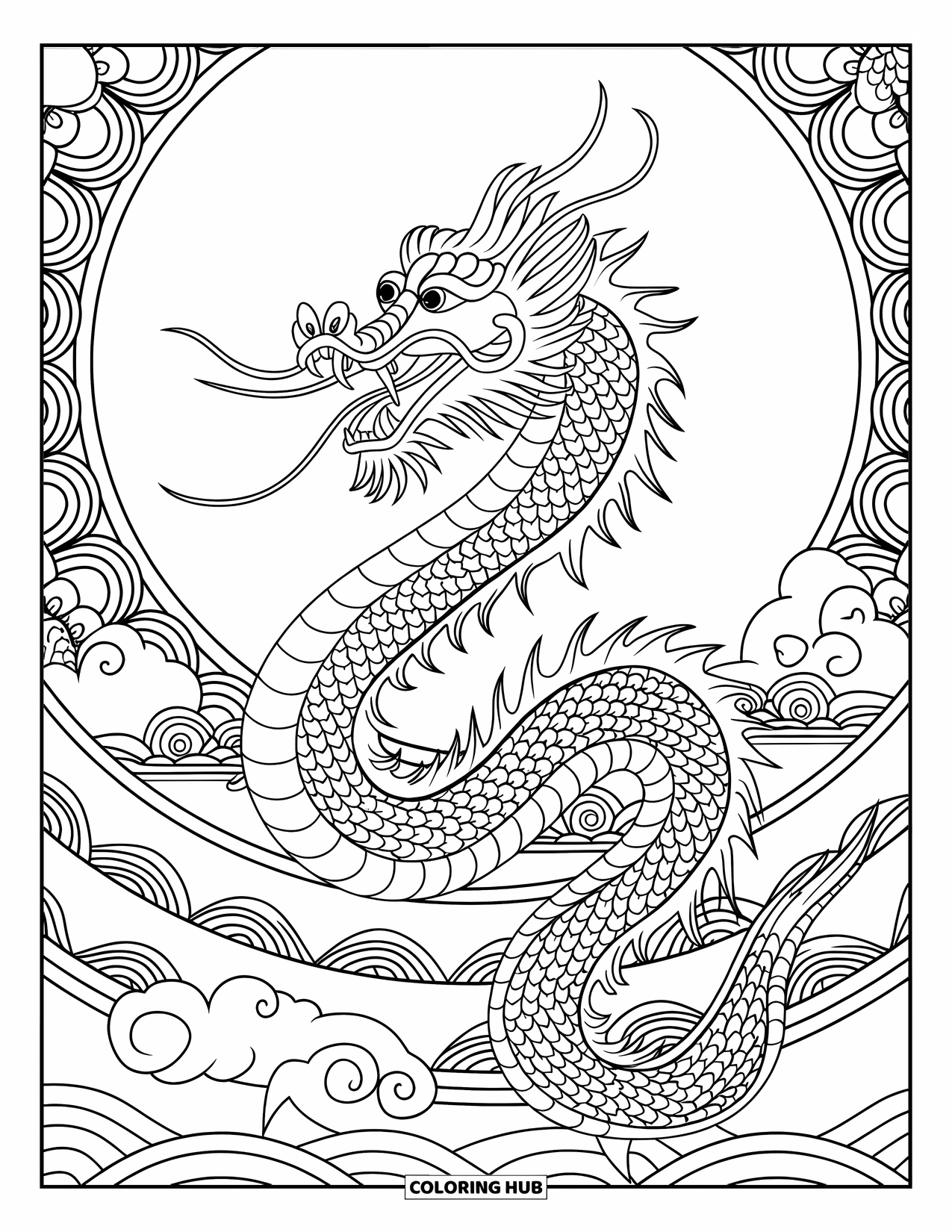 Chinese Dragon Coloring Page for Adults: A long dragon climbs through layers of fiery, cloudy mandala rings