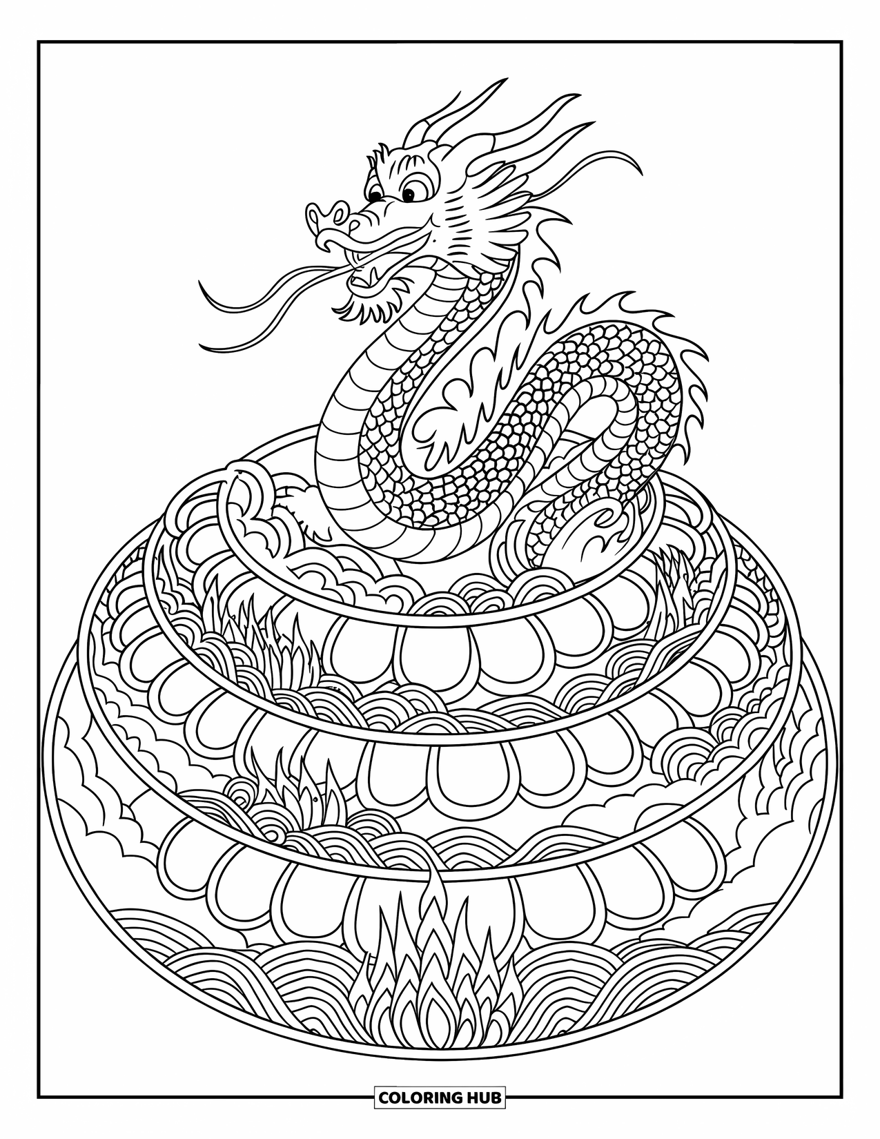Chinese Dragon Coloring Page for Adults: A majestic dragon rises through circular mandalas of flame and mist