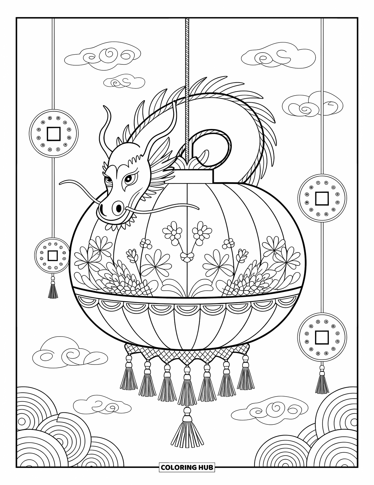 Chinese Dragon Coloring Page for Adults: A peaceful Chinese dragon curls around an ornate lantern with soft tassels