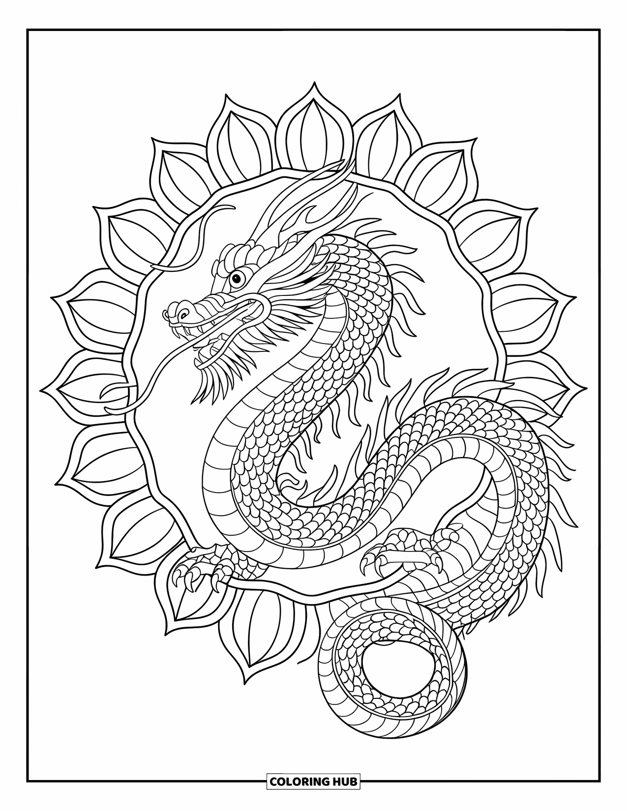 Chinese Dragon Coloring Page for Adults: A side-facing dragon curls within a circle of lotus petals