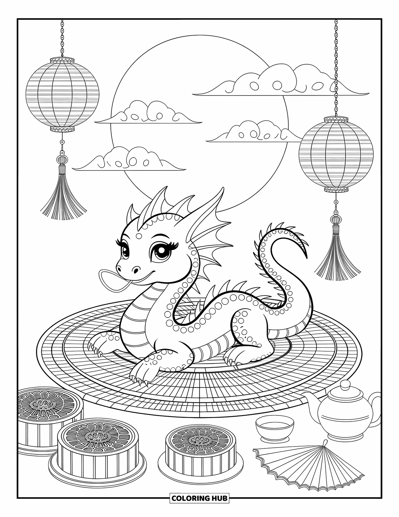 Chinese Dragon Coloring Page for Adults: A sweet Chinese dragon lounges under the full moon beside a tea set
