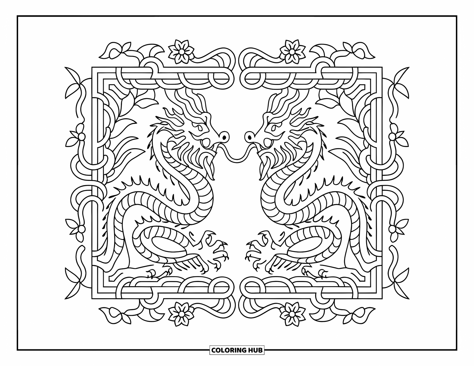 Chinese Dragon Coloring Page for Adults: Mirrored Chinese dragons twist around a vine-filled floral border